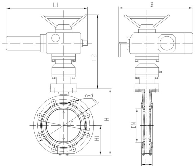 船用法蘭式電動(dòng)蝶閥CB/T 4173結(jié)構(gòu)圖(圖1) 船用電動(dòng)法蘭蝶閥